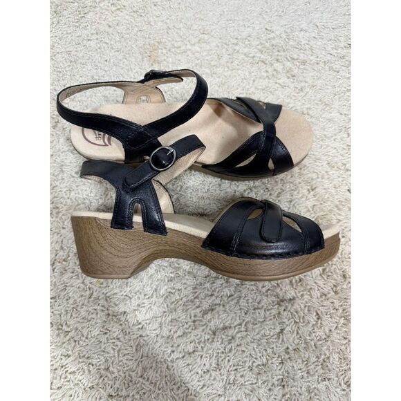 Dansko Season Black Leather Wood Grain Ankle Strap Open Sandals Size EU 40 US 10 - Picture 2 of 13